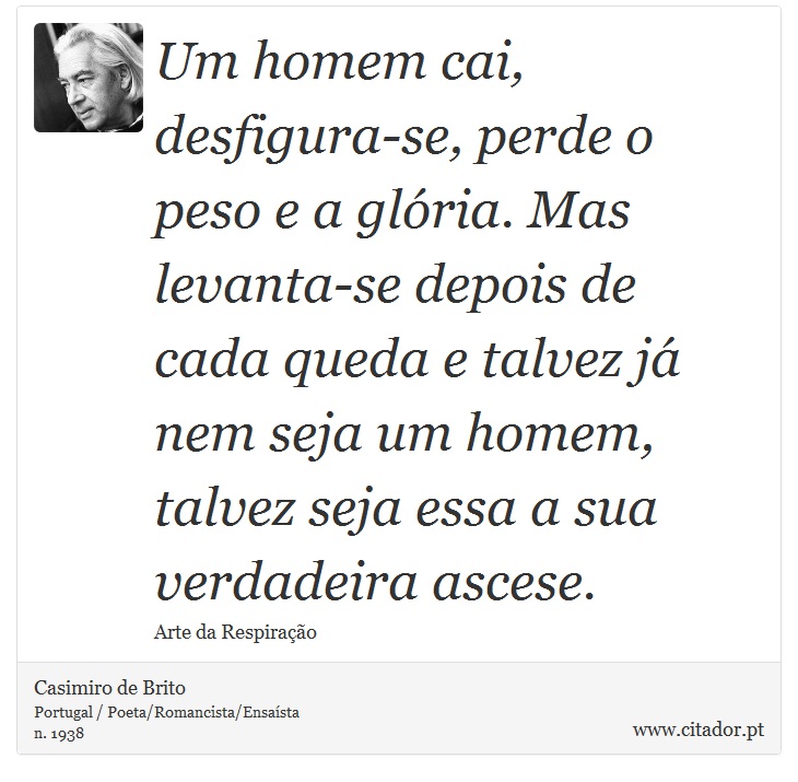 Um homem cai, desfigura-se, perde o peso e a glória. Mas levanta-se depois de cada queda e talvez já nem seja um homem, talvez seja essa a sua verdadeira ascese. - Casimiro de Brito - Frases