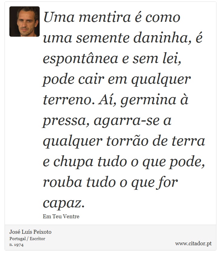 Uma mentira é como uma semente daninha, é espontânea e sem lei, pode cair em qualquer terreno. Aí, germina à pressa, agarra-se a qualquer torrão de terra e chupa tudo o que pode, rouba tudo o que for capaz. - José Luís Peixoto - Frases