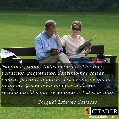 No Amor Somos Todos Meninos - Miguel Esteves Cardoso : No amor, somos todos meninos. Meninos, pequenos, pequeninos. Sentimo-nos coisas poucas perante a glória descarada de quem amamos. Quem ama não passa de um recém-nascido, que recém-nasce todos os dias.