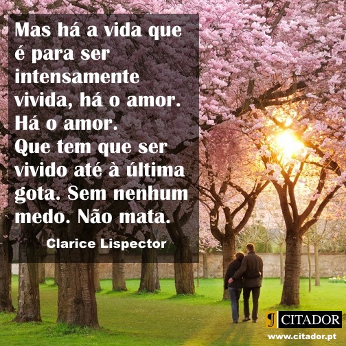 Até à Última Gota - Clarice Lispector : Mas há a vida que é para ser intensamente vivida, há o amor. Há o amor. Que tem que ser vivido até à última gota. Sem nenhum medo. Não mata.