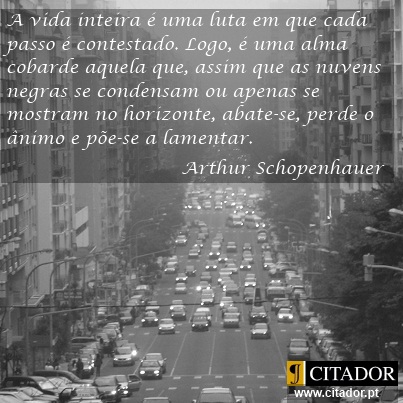 A Vida é uma Luta - Arthur Schopenhauer : A vida inteira é uma luta em que cada passo é contestado. Logo, é uma alma cobarde aquela que, assim que as nuvens negras se condensam ou apenas se mostram no horizonte, abate-se, perde o ânimo e põe-se a lamentar.